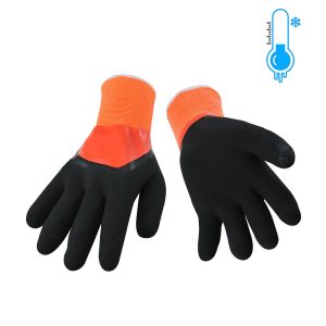 Double dip latex orange nylon black grip glove with acrylic fleece liner